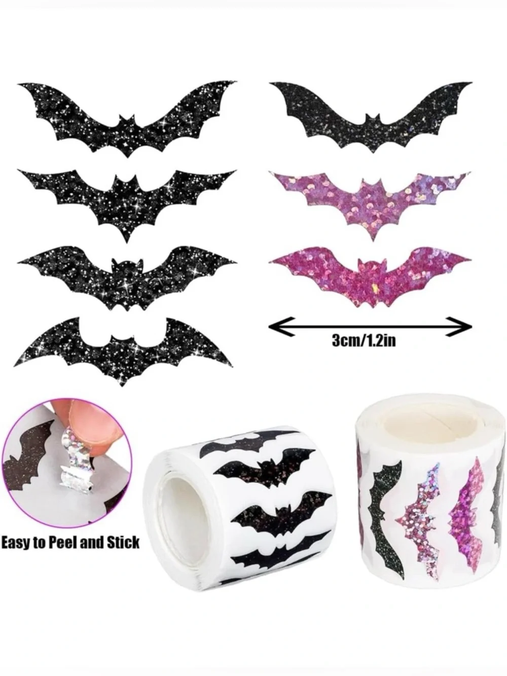 500 Pink & Black Glitter Bat Stickers Roll Halloween Seals Gift Wrap Party Favor